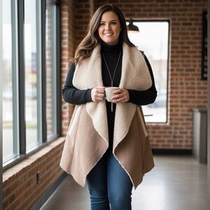 TCEC 2XL Plus Size Taupe Faux Suede Sherpa Vest Cozy Teddy Fleece